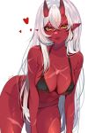  1girl absurdres akumi_(yoclesh) artist_name bent_over black_bra black_panties bra colored_skin earrings highres horns jewelry long_hair looking_at_viewer oni panties pointy_ears raituna red_horns red_oni red_skin scar scar_on_arm scar_on_chest scar_on_face scar_on_leg simple_background solo underwear vyugen white_background white_hair yellow_eyes 