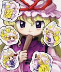  2girls animal_hat blonde_hair blush blush_stickers bow chibi chibi_inset chopsticks closed_eyes closed_mouth dress folded_fan folding_fan fox_tail frilled_dress frills from_behind hand_fan hat hat_ribbon heart highres holding holding_bow_(ornament) holding_chopsticks holding_fan long_sleeves looking_at_viewer mob_cap multiple_girls multiple_tails multiple_views open_mouth outline pink_headwear purple_eyes purple_tabard red_bow red_ribbon ribbon smile straight-on tabard tail touhou upper_body white_background wide_sleeves yakumo_ran yakumo_yukari yakumora_n 