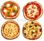  basil_leaf bread cheese food food_focus green_pepper highres kaneko_ryou margherita_pizza no_humans original pizza sauce simple_background still_life tomato_sauce white_background 