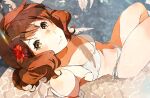  1girl arm_support bare_shoulders bikini blush breasts brown_eyes brown_hair closed_mouth faux_traditional_media flower hair_flower hair_ornament hibike!_euphonium highres kataru_(ubw-emiya) leaning_back looking_at_viewer medium_hair midriff navel oumae_kumiko red_flower sitting small_breasts smile solo swimsuit water white_bikini white_swimsuit 