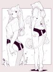  1girl animal_ears ass ass_support bangs barefoot breasts cat_ears cat_girl cat_tail curly_hair eyebrows_visible_through_hair flower hair_ornament hair_scrunchie leoharju long_hair low_twintails medium_breasts monochrome multiple_views one-piece_swimsuit original scrunchie shirt simple_background swimsuit swimsuit_under_clothes tail tied_shirt twintails 