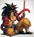  1boy absurdres biceps body_fur dragon_ball dragon_ball_(object) dragon_ball_gt highres looking_at_viewer male_focus monkey_boy monkey_tail muscular muscular_male no_nipples pants pectorals red_fur relio_db318 ruyi_jingu_bang shirt simple_background smile solo son_goku spiked_hair super_saiyan super_saiyan_4 tail torn_clothes torn_shirt veins veiny_hands yellow_pants 