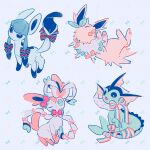  ;) blue_eyes bow bright_pupils closed_eyes closed_mouth glaceon green_eyes highres jolteon looking_at_viewer no_humans oharu-chan one_eye_closed pokemon pokemon_(creature) smile standing sylveon tail tail_bow tail_ornament vaporeon white_pupils 