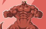 abs anthro biceps big_muscles cel_shading dragon fist glutes grin horn huge_muscles humanoid jagged_mouth latissimus_dorsi looking_smug male muscular obliques pecs plain_white quads red_body shaded simple_background smile solo spreading_arms tail trapezius yellow_horn