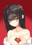 1girl :t absurdres angry armpit_crease bare_shoulders black_hair blush bow breasts cafe_stella_to_shinigami_no_chou chocolate chocolate_on_body chocolate_on_breasts cleavage collarbone commentary earrings embarrassed empty_eyes food_on_body hair_between_eyes hand_up head_tilt heart highres jewelry ju3cxqko75m199r large_breasts long_hair looking_at_viewer mole mole_under_eye no_bra open_clothes open_shirt pout red_bow shaded_face shiki_natsume shiny_skin shirt simple_background solo straight_hair stud_earrings tsurime upper_body valentine wavy_mouth white_shirt yellow_eyes 