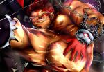  1boy akashi_(live_a_hero) bara bodysuit breath broken_eyewear censored chain chained doro_rich facial_hair gloves goatee live_a_hero long_sideburns looking_at_viewer male_focus mosaic_censoring muscular muscular_male pectorals penis presenting_ass red_eyes red_hair scar scar_on_face scar_on_nose short_hair sideburns solo sweat thick_eyebrows torn_bodysuit torn_clothes 