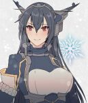  1girl black_coat black_hair breasts coat collar grey_background headgear kantai_collection kasumi_(skchkko) large_breasts long_hair metal_collar nagato_(kancolle) nagato_kai_ni_(kancolle) red_eyes smile snowflake_background solo upper_body 