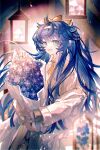  1girl :d absurdres animal_ear_fluff arknights astgenne_(arknights) astgenne_(her_aspiration)_(arknights) blue_eyes blue_flower blue_hair bouquet bow chinese_commentary coat commentary_request flower hairband highres holding holding_bouquet jacket lamp long_hair long_sleeves looking_at_viewer neck_ribbon off_shoulder official_alternate_costume open_mouth ribbon smile solo upper_body very_long_hair white_hairband white_jacket yellow_bow yellow_coat yellow_ribbon zeqiyuxing 