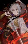  1boy archer_(fate/samurai_remnant) arm_guards blue_hair chinese_clothes chinese_hairpin dark_background fate/samurai_remnant fate_(series) fire grey_hair hair_ornament hanfu high_ponytail highres holding holding_sword holding_weapon kn_(akairo0530) long_hair multicolored_hair solo streaked_hair sword tassel tassel_hair_ornament weapon xiao_guan_(headdress) yellow_eyes 