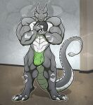 abs anthro artist_name barazoku biceps big_bulge big_muscles blue_eyes blurthefur broad_shoulders bulge claws clothing digital_media_(artwork) digitigrade dragon eating flaccid front_view genitals grey_body grin happy hi_res kardukk kardukk_(artist) kobold male multicolored_body muscular muscular_anthro muscular_male paws pecs penis reptile scalie shaded signature simple_background smile solo standing two_tone_body two_tone_tail underwear white_body