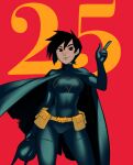  1girl batgirl batman_(series) belt black_bodysuit black_eyes black_hair bodysuit breasts cape cassandra_cain dc_comics holding holding_mask mask psuede red_background scar short_hair simple_background solo superhero unworn_mask utility_belt 