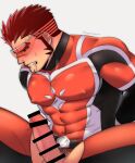  1boy akashi_(live_a_hero) arms_behind_back averting_eyes bad_id bad_twitter_id bar_censor bara bodysuit bulge censored covered_nipples defeat erection erection_under_clothes facial_hair goatee highres humiliation large_pectorals live_a_hero long_sideburns male_focus muscular muscular_male oskn_tengoku pectorals penis red_bodysuit red_eyes red_hair saliva scar scar_on_face scar_on_nose short_hair sideburns solo spread_legs superhero sweatdrop thick_eyebrows thighs veins veiny_penis 