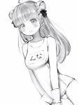 1girl absurdres ahoge bare_arms bare_shoulders blunt_bangs blush breasts collarbone cowboy_shot crescent crescent_earrings dot_nose double_bun earrings greyscale hair_bun hair_ribbon highres himemori_luna hololive jewelry long_hair looking_at_viewer medium_breasts monochrome name_tag nanashi_(nlo) old_school_swimsuit one-piece_swimsuit ribbon school_swimsuit simple_background smile solo swimsuit translated v_arms virtual_youtuber 