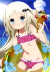  1girl :p absurdres bat_hair_ornament beach bikini blonde_hair blue_eyes blue_sky blush cloud cream cream_on_face day eyebrows_visible_through_hair fisheye flat_chest food food_on_face fruit hair_ornament highres holding holding_innertube ice_cream ice_cream_cone innertube kud_wafter licking_lips little_busters! long_hair looking_at_viewer megami_magazine miyajima_hitoshi mountainous_horizon navel noumi_kudryavka ocean official_art outdoors red_bikini scan sky smile solo strawberry sun swimsuit tongue tongue_out very_long_hair 