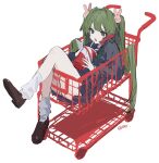  0mot 1girl absurdres artist_name bangs bunny_hair_ornament cellphone cup disposable_cup drinking_straw eri_(0mot) frown full_body green_eyes green_hair green_neckwear hair_intakes hair_ornament highres in_shopping_cart loafers long_hair long_sleeves loose_socks lying on_back open_mouth original panties panty_peek phone pleated_skirt sailor_collar school_uniform serafuku shoes shopping_cart signature simple_background skirt socks solo talking_on_phone twintails underwear v-shaped_eyebrows very_long_hair white_legwear 