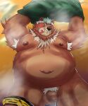 2024 absurd_res animal_print anthro armpit_hair balls bear belly big_belly blush bodily_fluids body_hair brown_body brown_fur clothing fur genital_fluids genitals goro_(live_a_hero) hi_res kemono lifewonders live_a_hero male mammal moobs musk musk_clouds navel nipples overweight penis precum pubes setsubun solo tiger_print tongue tongue_out undressing yom_mido_plus