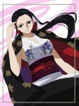  1girl black_hair blue_eyes commentary_request floral_print_kimono hair_ribbon hand_in_own_hair haori highres inu_draw japanese_clothes kimono looking_at_viewer nico_robin obi one_piece ponytail purple_sash red_ribbon ribbon sash sidelocks sleeveless sleeveless_kimono solo upper_body 