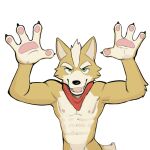 2024 4_fingers abs anthro canid canine claws eyebrows fingers fox fox_mccloud fur hair hi_res jrjresq kerchief looking_at_viewer male mammal muscular muscular_anthro muscular_male navel neckerchief nintendo nipples nude open_mouth open_smile pawpads pecs simple_background smile solo standing star_fox tuft white_background