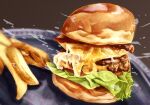  bread burger cheese food food_focus french_fries highres kaneko_ryou lettuce meat no_humans original plate simple_background steam still_life 