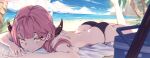  1girl absurdres aru_(blue_archive) ass beach bikini black_bikini blue_archive blurry blush breast_press cooler demon_horns depth_of_field halo highres horns jhigf looking_at_viewer lying mat on_stomach outdoors pink_hair smile solo swimsuit topless yellow_eyes 