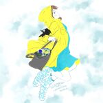  1girl 2018 aqua_dress bag bangs black_cat blush breast_pocket brown_hair cat dress full_body grey_bag holding holding_bag hood hood_up illustration.media jacket kawatsu_yuuki original pocket profile solo yellow_jacket 