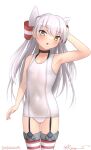  1girl amatsukaze_(kancolle) black_choker choker covered_navel cowboy_shot dated garter_straps hair_tubes kantai_collection long_hair one-hour_drawing_challenge one-piece_swimsuit ray.s school_swimsuit see-through simple_background solo striped_clothes striped_thighhighs swimsuit thigh_gap thighhighs twitter_username two_side_up white_background white_hair white_one-piece_swimsuit yellow_eyes 