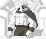 abs anthro biceps bulge cloak clothing death_(puss_in_boots) dreamworks facial_markings fur head_markings male markings muscular muscular_anthro muscular_male navel nipple_piercing nipples pecs piercing puss_in_boots_(dreamworks) red_eyes risebernold smile solo white_body white_fur