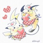  1990s_(style) apron checkered_apron checkered_clothes cherry clothed_pokemon food fruit heart highres holding holding_heart no_humans open_mouth painting_(medium) pikachu pokemon pokemon_(creature) raichu red_apron retro_artstyle sasabunecafe simple_background smile traditional_media twitter_username watercolor_(medium) whipped_cream 