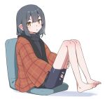  1girl :o akari_(raigou) bad_id bad_twitter_id barefoot bike_shorts black_sweater breath chair feet hands_on_own_leg inactive_account legs looking_at_viewer medium_hair on_chair original pointy_ears raigou robe simple_background solo sweater toes turtleneck turtleneck_sweater white_background yellow_eyes zaisu 