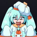  1girl bags_under_eyes black_background blue_eyes blue_hair chef chef_hat cryptidhermit drooling hair_between_eyes hat hatsune_miku long_hair looking_at_viewer mouth_drool neckerchief open_mouth orange_neckerchief orange_pupils sharp_teeth shrimpku sleeves_past_fingers sleeves_past_wrists solo teeth twintails upper_body vocaloid white_headwear 