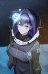  1girl absurdres black_bodysuit black_hair blue_eyes bodysuit closed_mouth earth_(planet) green_jacket heart highres hololive hololive_english jacket ouro_kronii planet reflection short_hair smile solo space spacesuit virtual_youtuber zenya 
