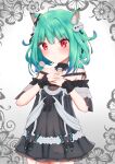  1girl absurdres animal_ears black_dress butterfly_background cat_ears cat_girl cowboy_shot detached_collar dress garter_straps ghost_hair_ornament green_hair hair_ornament highres hololive low_twintails matcha_amigo o3o red_eyes solo twintails uruha_rushia virtual_youtuber wrist_cuffs 