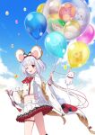  1girl animal_ears balloon bangs bird blunt_bangs bow brooch cheese chicken cloud collared_shirt commentary_request crop_top dog fake_animal_ears feet_out_of_frame food frilled_sleeves frills granblue_fantasy hair_ornament hairband hairclip highres holding holding_balloon jewelry jiman long_sleeves looking_at_viewer medium_hair miniskirt monkey mouse mouse_ears multicolored_bow one_eye_closed petticoat pig pleated_skirt red_eyes sheep shirt silver_hair skirt sky solo thigh_strap vikala_(granblue_fantasy) white_bow white_shirt white_skirt wide_sleeves 