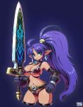  1girl ahoge bikini breasts cleavage earrings elbow_gloves gloves hand_on_own_hip high_ponytail highres holding holding_sword holding_weapon huge_weapon jewelry large_breasts long_hair mabius navel original pixel_art pointy_ears purple_background purple_hair red_bikini simple_background solo swimsuit sword thighhighs very_long_hair weapon 