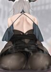  1girl aegir_(azur_lane) anus ass azur_lane bare_shoulders black_legwear black_panties blurry blurry_background from_behind highres horns long_hair ootani_nonno panties silver_hair sitting solo steam underwear 