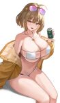  1girl absurdres anis_(nikke) bikini breasts brown_eyes brown_hair can collarbone drink_can goddess_of_victory:_nikke highres holding holding_can jewelry kitin large_breasts looking_at_viewer navel necklace open_mouth simple_background sitting smile soda_can solo star_(symbol) star_necklace stomach swimsuit thighs white_background white_bikini 