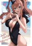  1girl absurdres bikini black_bikini breasts brown_hair cleavage cowboy_shot green_eyes hair_between_eyes heart heart_hands high_side_ponytail highres kantai_collection large_breasts long_hair looking_at_viewer one-hour_drawing_challenge open_mouth ponytail saratoga_(kancolle) shiomugi_(shio_mugi1107) side_ponytail smile solo swimsuit 