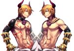  2boys bangs black_gloves blonde_hair blue_eyes chest_tattoo commentary_request elbow_gloves emon-yu gauntlets gloves grin hair_between_eyes hair_over_one_eye horns jewelry looking_at_viewer male_focus mirror_image multiple_boys necklace no_nipples pants ragnarok_online red_eyes shirtless short_hair shrug_(clothing) shura_(ragnarok_online) simple_background smile symmetry tattoo upper_body white_background white_pants 