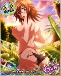  1girl ass back bikini bikini_bottom breasts brown_hair card_(medium) chess_piece cloud covering covering_breasts cowboy_shot day eyebrows_visible_through_hair hair_between_eyes high_school_dxd high_school_dxd_born large_breasts looking_at_viewer official_art open_mouth outdoors purple_eyes queen_(chess) sky solo swimsuit teeth tongue topless torn_clothes venelana_gremory wet 