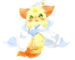 2016 ambiguous_gender anthro asian_clothing blush bodily_fluids canid canine clothing deaic drooling east_asian_clothing female feral fox fur genital_fluids green_eyes japanese_clothing kemono kimono mammal open_mouth open_smile orange_body orange_ears orange_fur saliva simple_background smile solo star white_background yellow_body yellow_fur