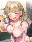  beer_can black_sweater blurry blurry_background blush breasts brown_hair can cleavage closed_eyes collarbone depth_of_field drink_can highres holding holding_can holding_hands indoors kuromasu large_breasts mole mole_on_breast mole_under_eye open_mouth oppai_loli original pajamas pink_pajamas polka_dot polka_dot_pajamas pov sweater 