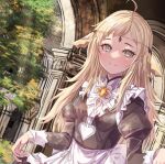  1girl ahoge alternate_costume apron blonde_hair bodystocking breasts circlet commission fire_emblem fire_emblem_fates fuussu_(21-kazin) gold_cape grey_eyes long_hair looking_at_viewer maid maid_apron medium_breasts ophelia_(fire_emblem) skeb_commission 
