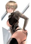  1girl ass black_legwear bodysuit breasts bright_pupils cleavage_cutout clothing_cutout grey_bodysuit grey_eyes grey_hair hair_between_eyes highres kilye_kairi large_breasts long_sleeves looking_at_viewer original parted_lips pink_pupils rei_no_pool short_hair sidelocks smile solo thighhighs 