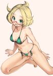  1girl absurdres alternate_costume barefoot bianca_(pokemon) bikini blonde_hair blush breasts clip_studio_paint_(medium) commentary_request eudetenis eyelashes glasses green_bikini green_eyes highres looking_at_viewer navel pokemon pokemon_bw2 red-framed_eyewear semi-rimless_eyewear short_hair simple_background solo swimsuit toes white_background 