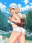  1girl ass backpack bag bangs blonde_hair blue_sky blush breasts cloud cloudy_sky cowboy_shot day freckles hat medium_breasts midriff mountain open_mouth original outdoors river rock ronindude shadow short_hair sky smile solo tank_top tree white_headwear white_tank_top 