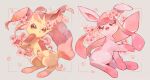  :d alternate_color brown_eyes cherry_blossoms commentary_request flower gen_4_pokemon glaceon grey_background kikuyoshi_(tracco) leafeon looking_back no_humans open_mouth paws pokemon pokemon_(creature) smile toes tongue 