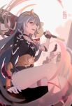  1girl :d asymmetrical_gloves asymmetrical_sleeves bangs black_gloves chain chinese_clothes feathers fingerless_gloves fu_hua fu_hua_(herrscher_of_sentience) gloves grey_hair hair_between_eyes hair_ornament highres holding holding_sword holding_weapon honkai_(series) honkai_impact_3rd lielie1511 long_hair looking_at_viewer mismatched_gloves multicolored_hair open_mouth red_eyes sitting smile solo streaked_hair sword uneven_sleeves weapon white_gloves 