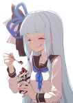  1girl :q alternate_costume backlighting black_ribbon black_sailor_collar blue_hair blue_neckerchief blue_ribbon blunt_bangs blush commentary_request hair_ribbon happy highres holding holding_spoon ice_cream_cup ice_cream_spoon kotonoha_aoi licking_lips long_hair long_sleeves low-tied_sidelocks mint_chocolate neckerchief pink_ribbon ribbon sailor_collar school_uniform serafuku shirt sidelocks simple_background smile solo spoon tongue tongue_out upper_body voiceroid wavy_mouth white_background white_shirt yamadori_seika 