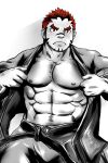  1boy abs akashi_(live_a_hero) alternate_costume bara bare_pectorals bulge doro_rich dougi facial_hair frown goatee greyscale highres live_a_hero long_sideburns looking_ahead male_focus monochrome muscular muscular_male navel nipples paid_reward_available pectorals scar scar_on_face scar_on_nose short_hair sideburns solo sparse_navel_hair spot_color superman_exposure thick_eyebrows undressing 