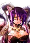  1girl animal_ears bangs breasts cleavage commentary_request emon-yu eyebrows_visible_through_hair eyes_visible_through_hair fake_animal_ears genetic_(ragnarok_online) hair_between_eyes hair_over_one_eye horns large_breasts looking_to_the_side open_mouth purple_hair ragnarok_online sharp_teeth short_hair simple_background solo teeth upper_body white_background yellow_eyes 